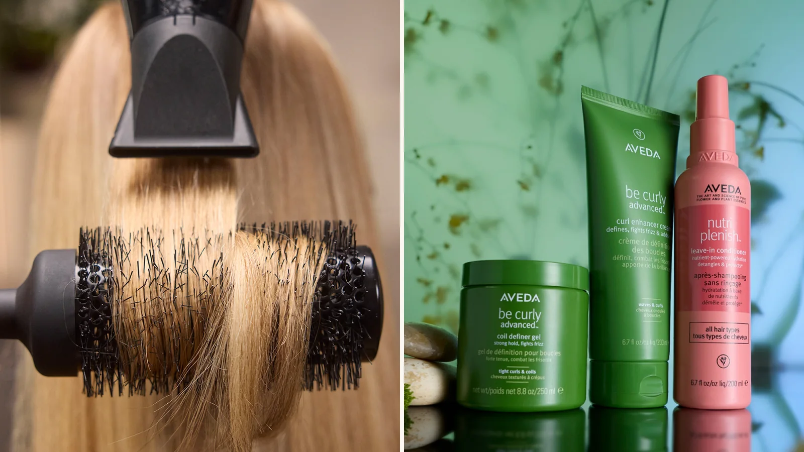 Round-brush blow-dry on blonde hair beside Aveda Nutriplenish and Be Curly products on the shelf at Amenities in Fresno