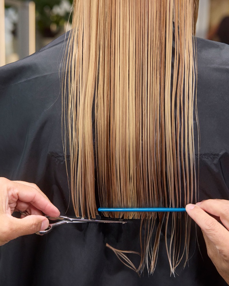 Precision haircut in progress at the Amenities Aveda salon in Fresno